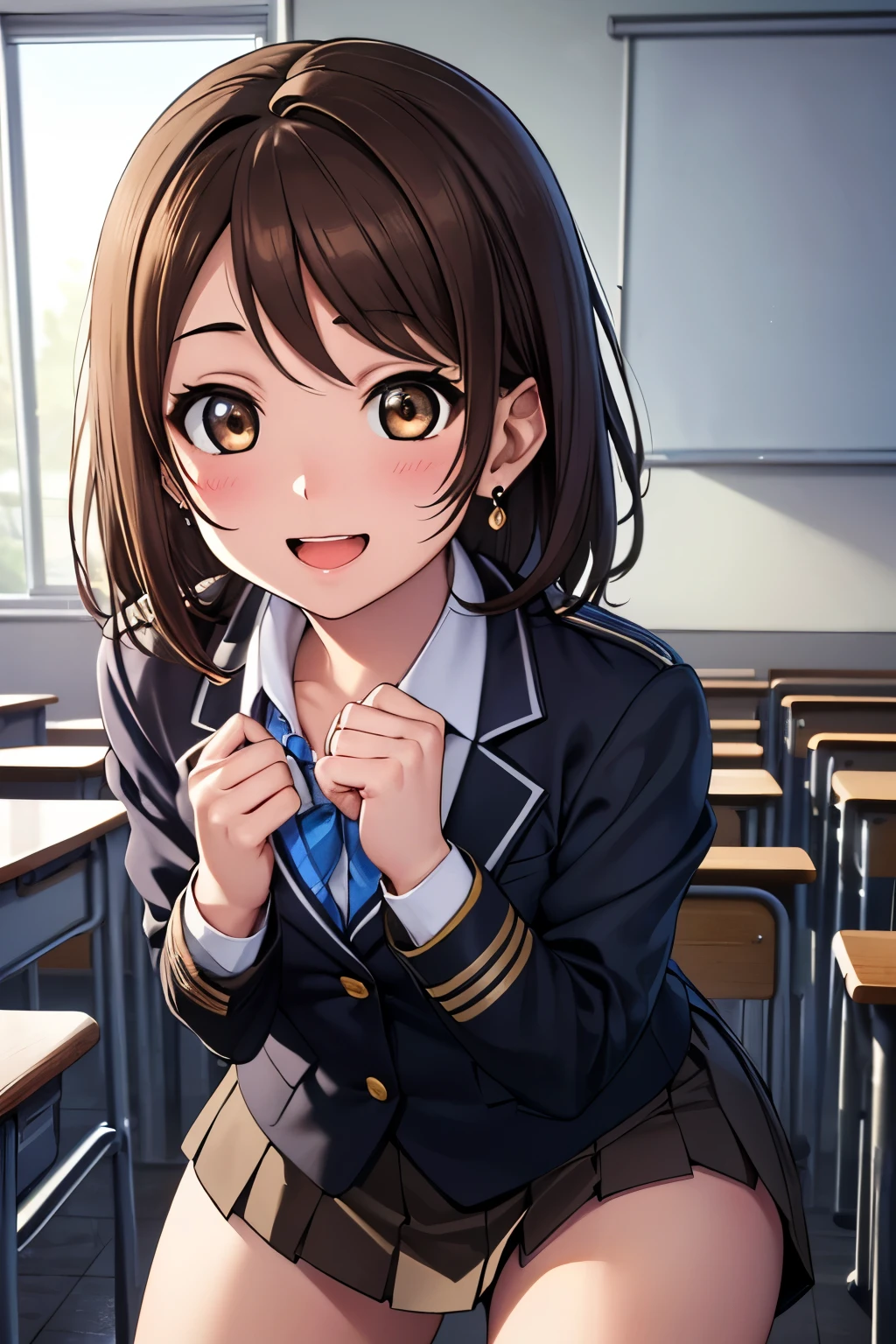  (Maximum resolution:1.2)、(Ultra HD: 1.2), 8k resolution、Highly detailed face and skin texture, Cinematic Light、Perfect figure、Brown eyes、Blushing smile、Open your mouth、((Brown hair long:1.2))、((Realistic texture:1.1))、((Small breasts))、((Student blazer uniform))、Black Mini Skirt、classroom、Big earrings、squat、Plump、