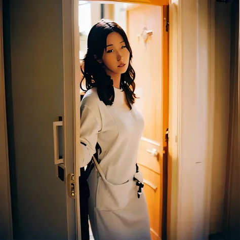 photorealistic、beautiful woman opening the door to her apartment