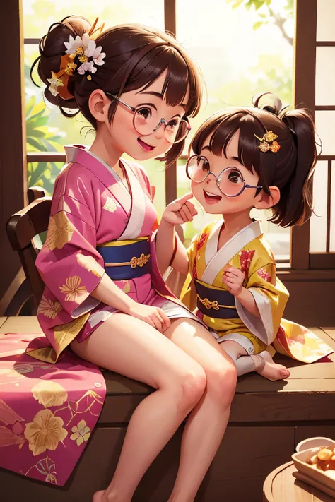 Best Quality、High resolution、masterpiece，Detailed Background、Very small young girl，(Two little girls:1.5)、Brown Hair、baby face glasses，Bobcut、ponytail、Flat Chest:1.3、Very short，Very thin thighs，A beautiful woman wearing a beautiful floral patterned kimono is smiling，Cute loincloth:1.4，Short kimono，(Side Pony,Hair accessories)，She seems happy、He showed me his loincloth.，Laugh playfully、A see-through kimono、Various sexy poses、smile、Small and cute，lift，Cunning gestures，