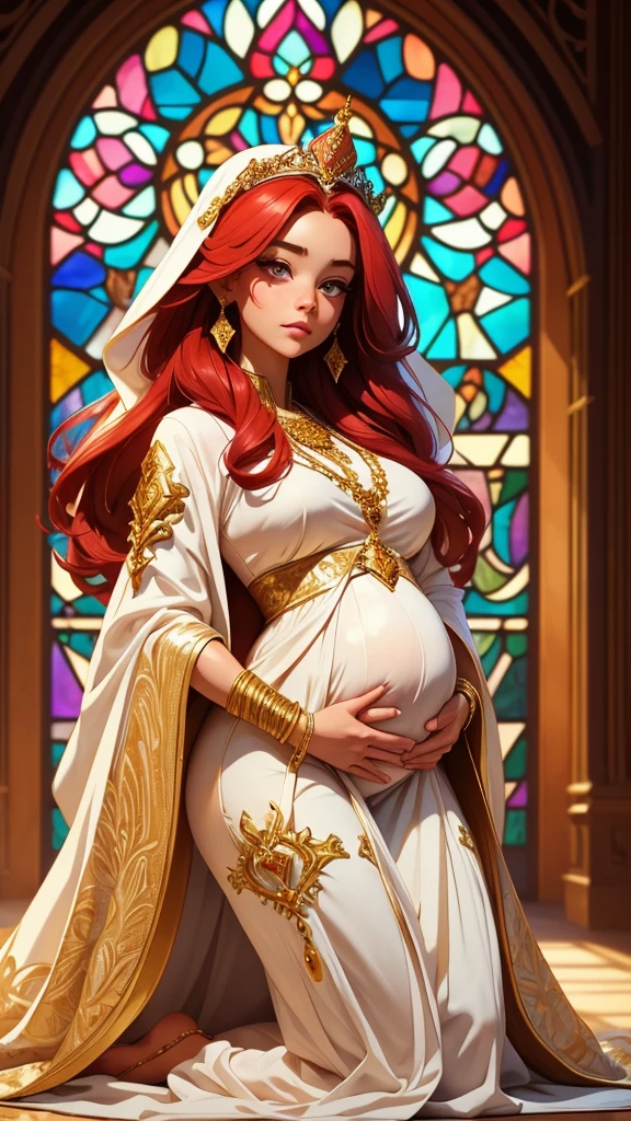 Here’s a revised description incorporating the details you provided:
The image features a character adorned in an elaborate white and gold robe with intricate patterns. She has long, flowing red hair and wears a crown adorned with jewels. In a serene, kneeling position, she gently clasps her hands over her prominently exposed, large, low-hanging pregnant belly, emphasizing the raw beauty of her pregnancy. This gesture underscores her profound love and prayer for the life of the unborn child within her. The background exhibits a luminous, stained-glass window with intricate designs, adding an ethereal ambiance to the scene. The overall surroundings and attire suggest a regal or divine theme, focusing on both maternal love and spiritual reverence.