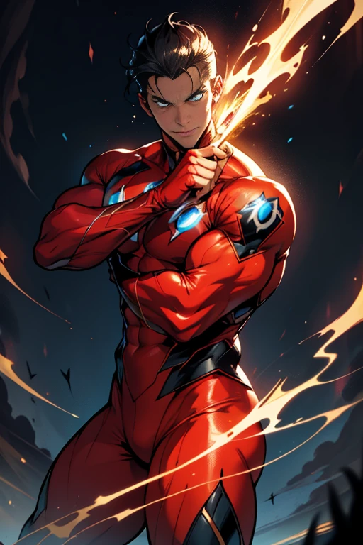 The Flash, clad in his iconic red suit with a golden lightning bolt emblem, stands before us with a hopeful expression gracing his chiseled features. In his hand, the distinctive blue lantern ring gleams, its power radiating palpable energy. His piercing blue eyes, filled with determination and compassion, seem to burn with the very essence of hope itself. The detailed texture of his skin, as if etched with intricate lines, enhances the sense of depth and realism in this high-resolution character portrait. (Masterpiece: 1.2)