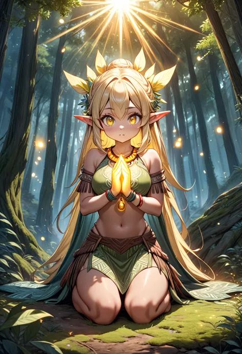 ultra quality, extremely detailed, high resolution, young woman, (1girl), medium shot, elf, big cute eyes, elven old altar, yell...