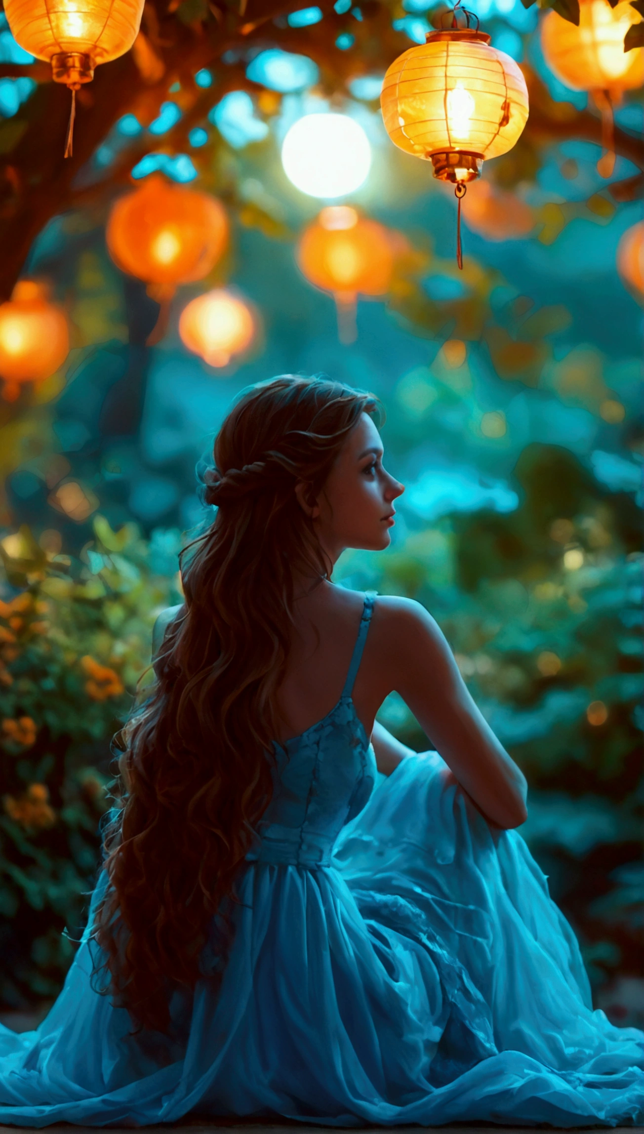 score_9, score_8_up, score_7_up, ((Beautiful girl sitting under the moonlight in a beautiful garden lit by hanging lanterns:1.5)), dreamy expression, long flowing hair, elegant dress, moonlit garden, bright moonlight, dramatic lighting, cinematic atmosphere, detailed portrait, photorealistic, 8k, highest quality, intricate details, hyper-realistic, natural skin tones, masterpiece