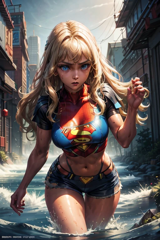 Beautiful woman with wavy blonde hair, Delicate and charming blue eyes, thigh notch, long sexy legs, T-shirt in small shorts with Superman letter S, Beautiful futuristic cyberpunk + city, fog, humid, rain, Masterpiece of the best quality, realistic, detailed, 8K, hdr, shallow depth of field, wide light, high contrast, Backlight, Flooding, Flash, chromatic aberration, sharp focus, RAW color photo, superman S symbol on the chest.