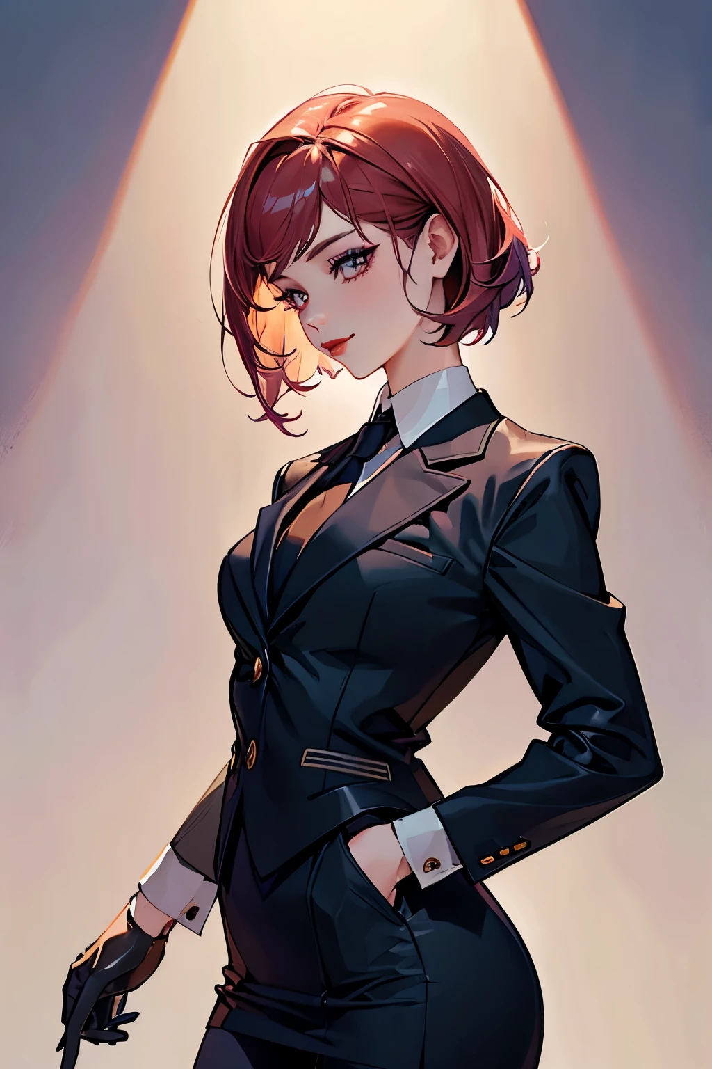 (highest quality:1.2), a 20-years-old official lady is standing in the large hall, looking forward. from side view, a photorealistic cute girl, detailed noble face, European faces like a doll, heavily make-up faces with cruel smile, bright eyes with heavy dark eyeshadow, dark bloody-red lip,Short-cut pink hair, upper body portrait above the knees, wearing business suits, wearing tight-fitting skirt, giving a sexual impression.