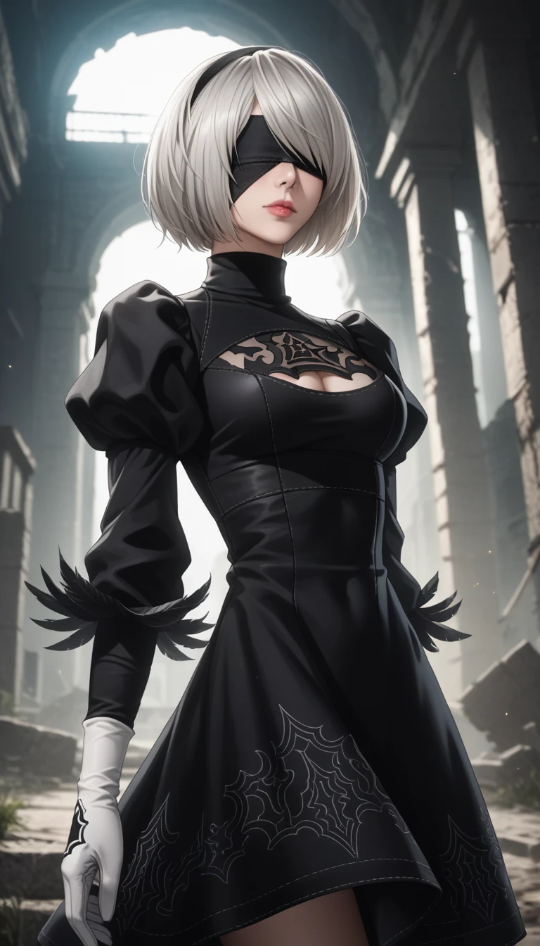 score_9, score_8_up, score_7_up, 32k,masterpiece, highest quality, 
photo realistic, vibrant colors, chiaroscuro lighting, cinematic lighting,
a woman, nier automata 2B inspired,
bob cut, gray hair, bangs, blindfold, pink lips, black goth dress, long sleeve, Juliet sleeve, white gloves, turtleneck, feather ornament, feather ornament sleeves, black leather boots, 
ruins, a ruined world, a devastated battlefield, picturesque, beautiful scenery, fantastic night sky,
seductive pose, cinematic angle,