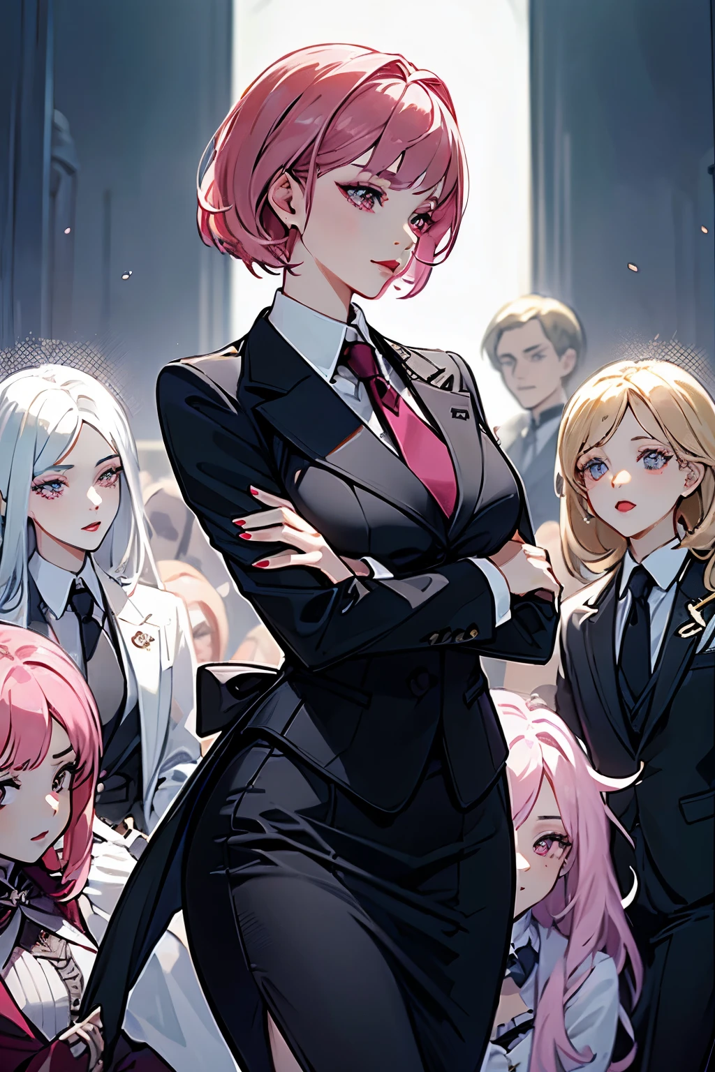 (highest quality:1.2), a 20-years-old official lady is standing in the large hall, looking forward. There are many maids behind her. From side view, a photorealistic cute girl, detailed noble face, European faces like a doll, heavily make-up faces with cruel smile, bright eyes with heavy dark eyeshadow, dark bloody-red lip,Short-cut pink hair, upper body portrait above the knees, wearing business suits, wearing tight-fitting skirt.