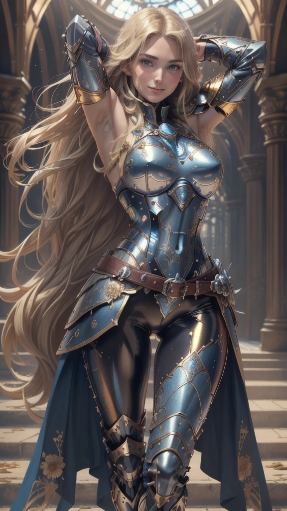 Realistic 1.5, (8k, raw photo, Best Quality, maestro:1.2), ultra detailed, 1 girl, Beautiful, Alone, Gorgeous detailed blue sky with fluffy clouds, (blush), (whole body: 1.1), (smile: 1.1), (shut up), big breasts, Beautiful and delicate blue eyes, (Tight blue armor with intricate engravings of leaves and flowers : 1.1), Golden metal pieces covering her shoulders and arms, Dark brown leather belt with metal buckles, tight leather pants, Brown leather boots, A cross adorns her chest, (long blonde hair: 1.2), flowing hair, high contrast, Proporciones de whole body, (astride, stretch the legs, thin legs), Chest closeup.