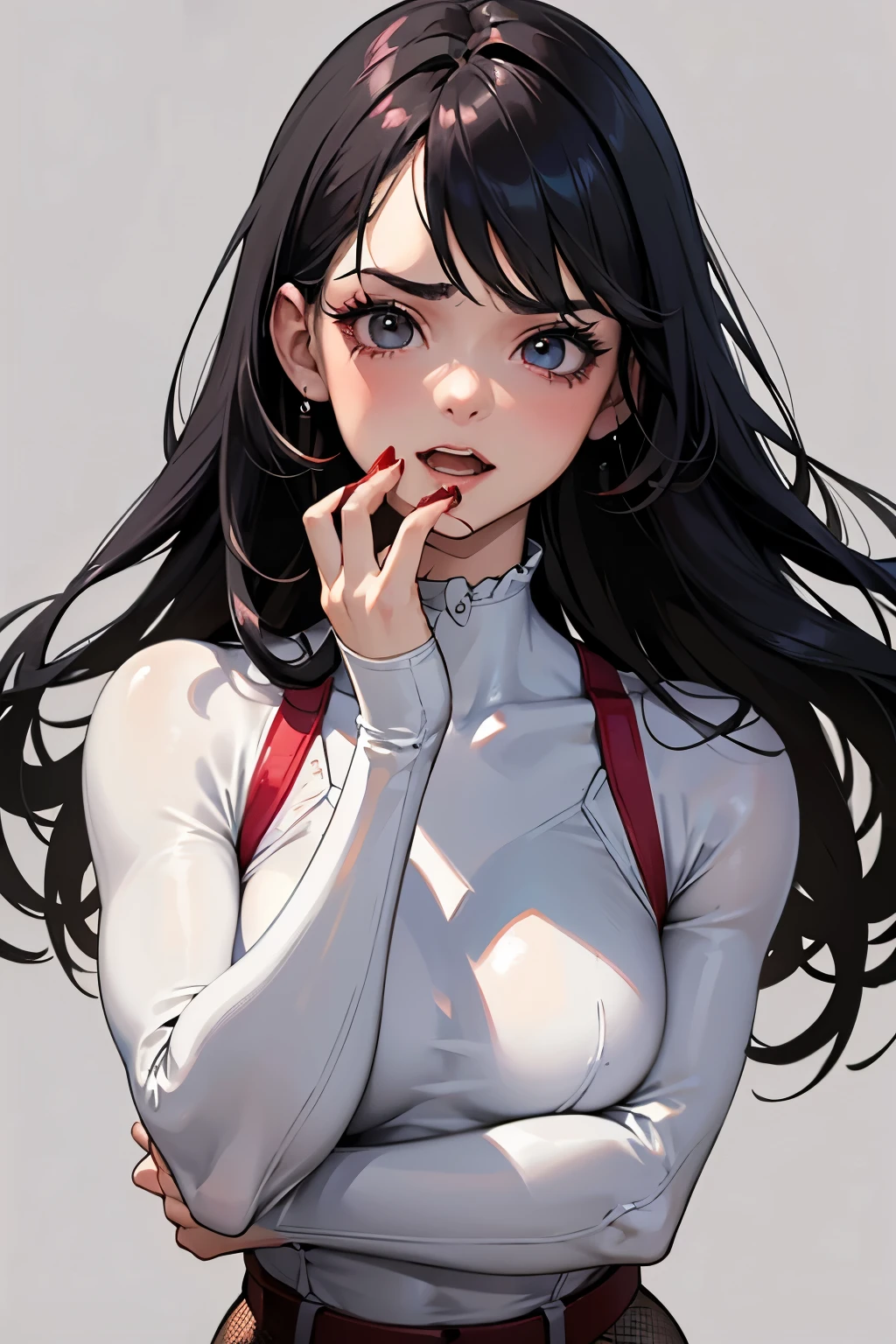 A 14-years-old girl is biting her nail. front view, photorealistic cute gymnasts, touching one hand to her mouth, looking jelousy, looking  regretful, sour expression, beautiful faces, brush with jelousy,  European faces like a doll, long black hair, heavily make-up faces, open mouth showing teeth,  regretful  eyes with heavy dark eyeshadow, dark bloody-red lip, upper body portraits above the knees, wearing long sleeve white  leotards,tight-fitting and extra shiny white leotards, wearing fishnet bodysuits, wearing red belts