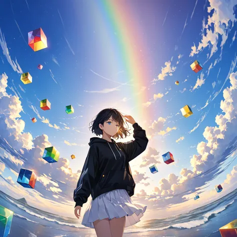 best quality, 4k, 8k、rainbow色のキューブを持っている女性,seven cubes floating in the palm of your hand,seven color cubes,shine,ultra-mysteriou...