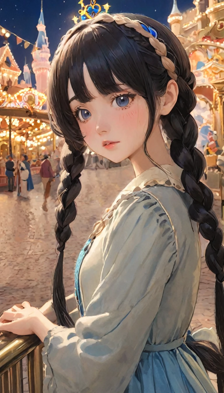 Masterpiece、highest quality、Beautiful woman、one girl、Young Maiden、detailed_face_pupil、かわいいface、Silky black hair、French Braid、Troubled eyebrows、Troubled expression、blush、Adorable、amusement park、Disneyland Castle、NSFW