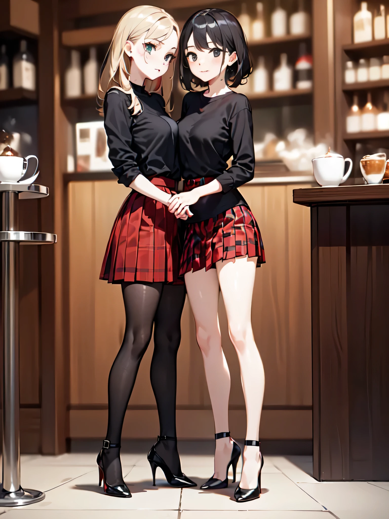 (masterpiece:1.3),(best quality, highest quality),((Full Body Shot,Including face)),(1girl:1.2),4K,masterpiece,((Focus on the face)),((Symmetrical facial features)),Beautiful woman,Slender,Beautiful feet,((Red checked pleated skirt、Black shirt),Black High Heels:1.5),Facial detailing,(Cafe bar entrance:1.5)、Outdoor