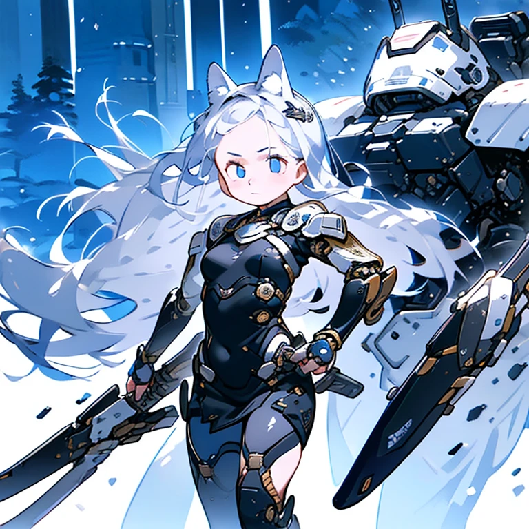 A beautiful  special forces girl in a gold liquid metal suit, a giant mechanical gauntlet with layered armor, a fluid exoskeleton, dynamic, provocative, seductive, action, dramatic angles, effective use of LoRA、One beautiful girl, bluish silver hair, porcelain white skin, large beautiful eyes of deep blue, short stature, , small bulging breasts, complex artistic bodysuit of laminated armor, very much exposed skin, transparent weaponry, active poses, dramatic camera angles, diamond dust, icy trees, cold world, effective use of LoRA