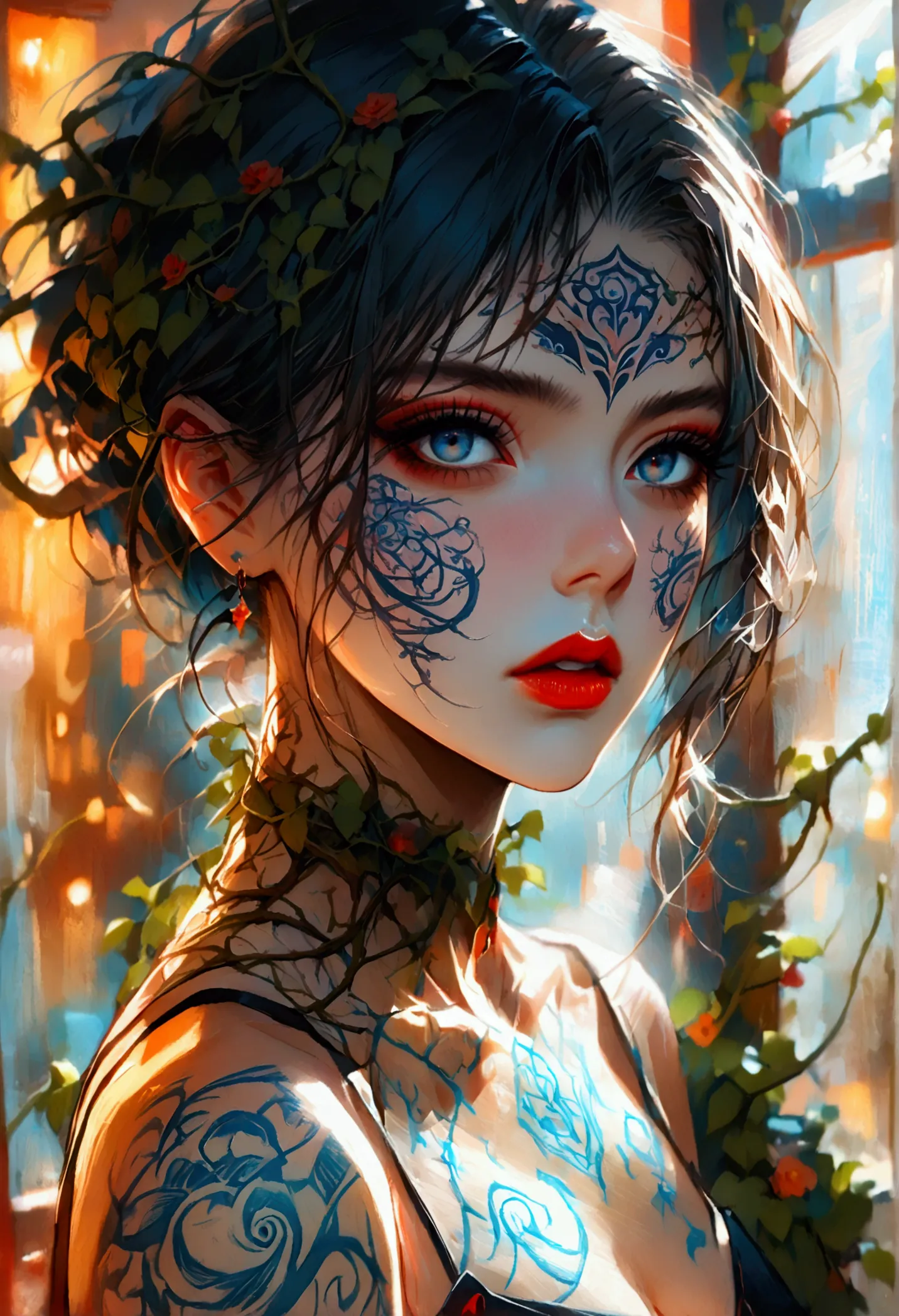 medium shot of a beautiful dark haired vampire woman(has a filled in creasntmoon tattooed on her forehead with whimsical vines c...