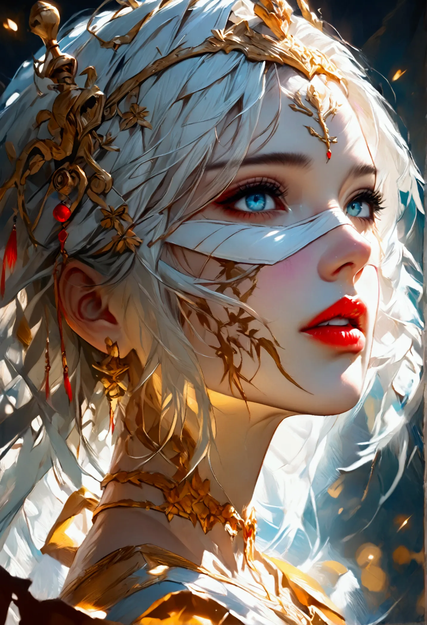 close-up of a woman with white hair and white mask, beautiful figure painting, guvitz, guwiz style artwork, white-haired god, ya...