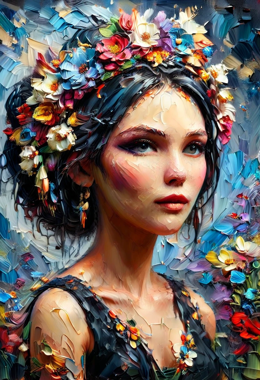 a painting of a woman with a flowered headdress and a black dress, beautiful character painting, karol bak uhd, style of karol bak, beautiful art uhd 4 k, fantasy artrealistic painting, inspired by Fenghua Zhong, painting by android jones, beeple and jeremiah ketner, trending on cgsociety art
