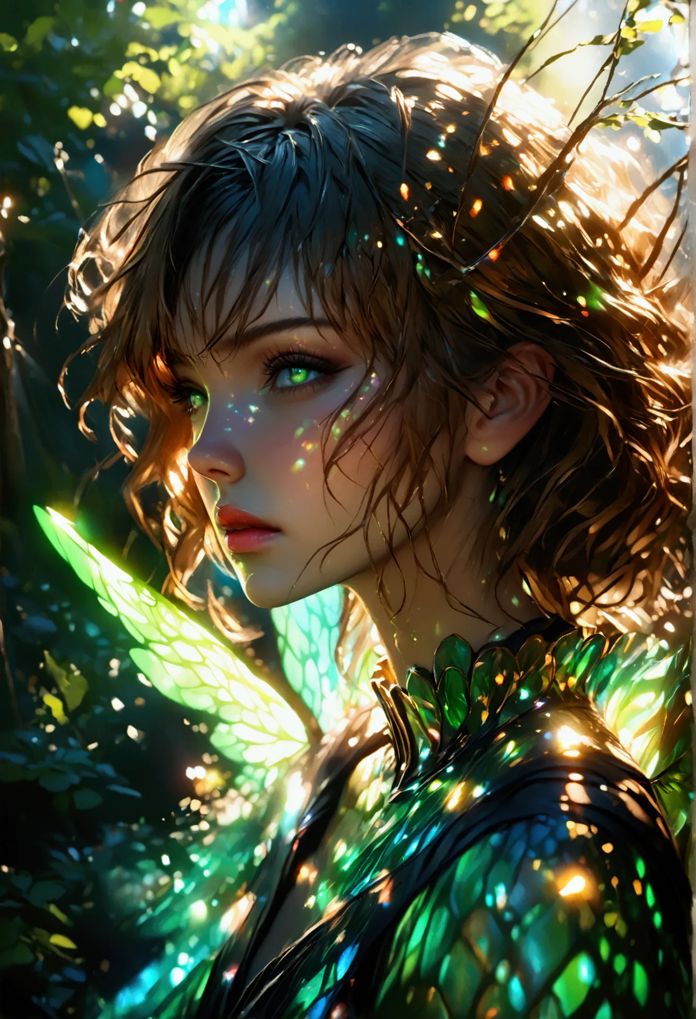 an ethereal female figure with delicate, luminescent wings, surrounded by glowing, magical creatures in an enchanted forest subs...