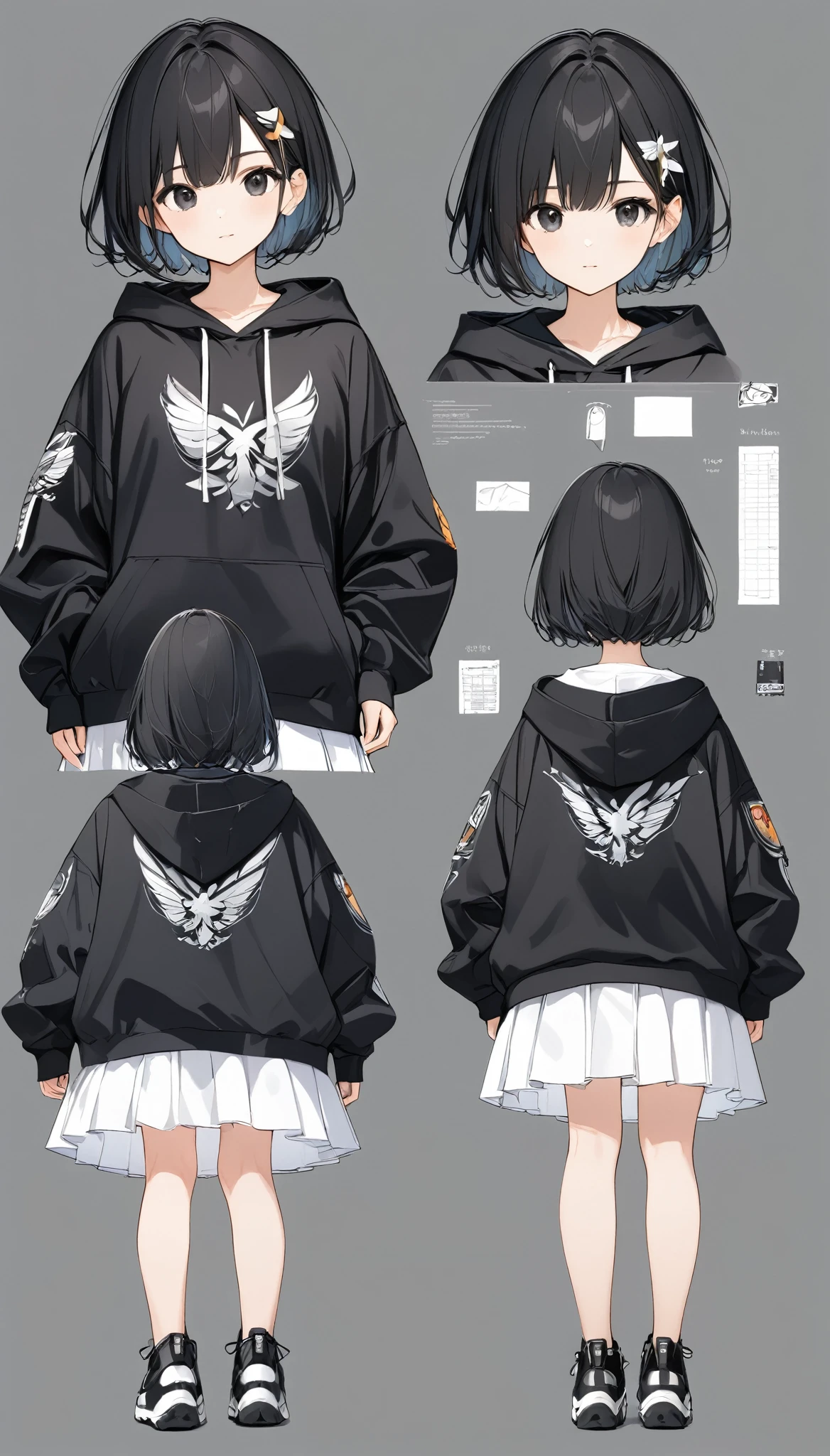 anime、((Amazingly absurd)),(masterpiece:1.2),超High resolution, Attention to detail, high quality, High resolution, 最high quality, 4K, 8k、white backgrand,Black hoodie、White Skirt、Black Hair、Short Hair、Black Eyes, 1girl, cute, standing girl, three view drawing, front and back and side, character sheet,full body,simple background,close-up