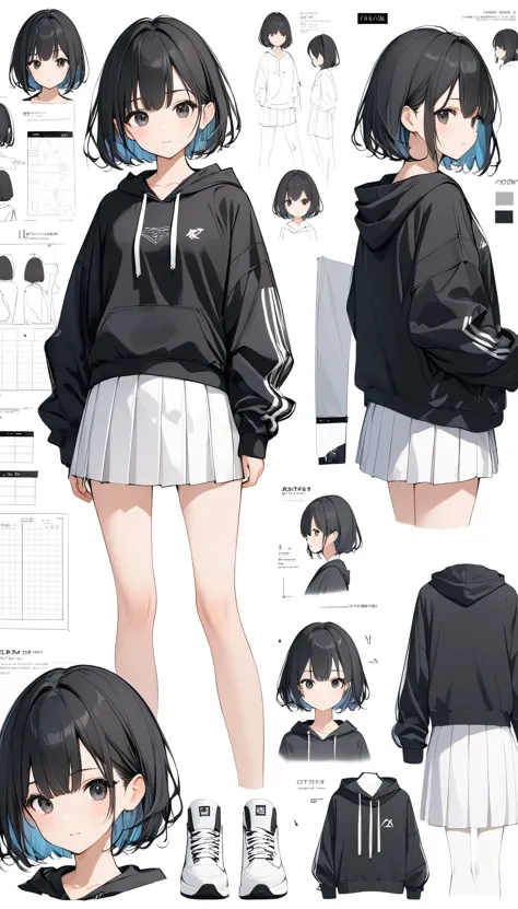 anime、((Amazingly absurd)),(masterpiece:1.2),超High resolution, Attention to detail, high quality, High resolution, 最high quality, 4K, 8k、white backgrand,Black hoodie、White Skirt、Black Hair、Short Hair、Black Eyes, 1girl, cute, standing girl, three view drawing, front and back and side, character sheet,full body,simple background,close-up