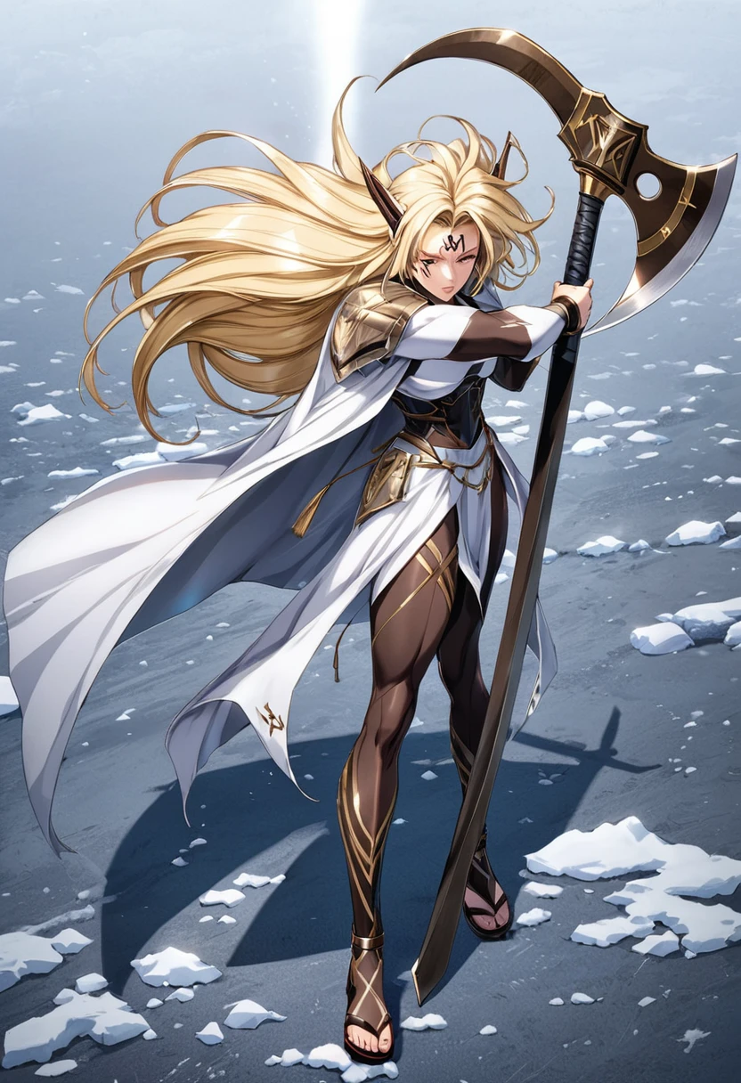 (masterpiece), (Fine hair), Extremely detailed, Anime style, whole body, Solitary, Cyberpunk Viking Girl, Light Blonde Huff Hairstyle, Face tattoo, Holding a Viking axe and a rune sword, Supernatural Snow, Ice protection, White light blue wrestler costume, Savage Armor, White praying mantis fluttering in the wind, Wearing Viking Sandals, Extra large mass, Tall and stylish, Very large. Muscular but feminine body type, White background, Standing full length, Standing on the frosty ground,　