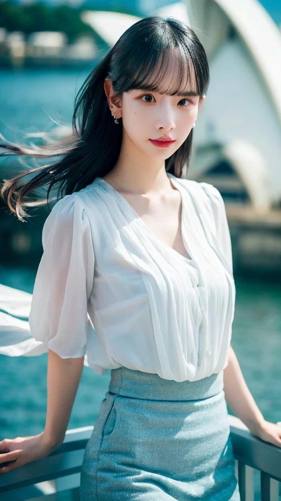 small breast, white shirt tucked in black skirt, earring, sydney opera house, windy, hair flying, night, extremely detailed eyes, extremely detailed face, best quality, extremely detailed, one person, one girl, ultra-detailed, (realistic, photo-realistic:1.3)