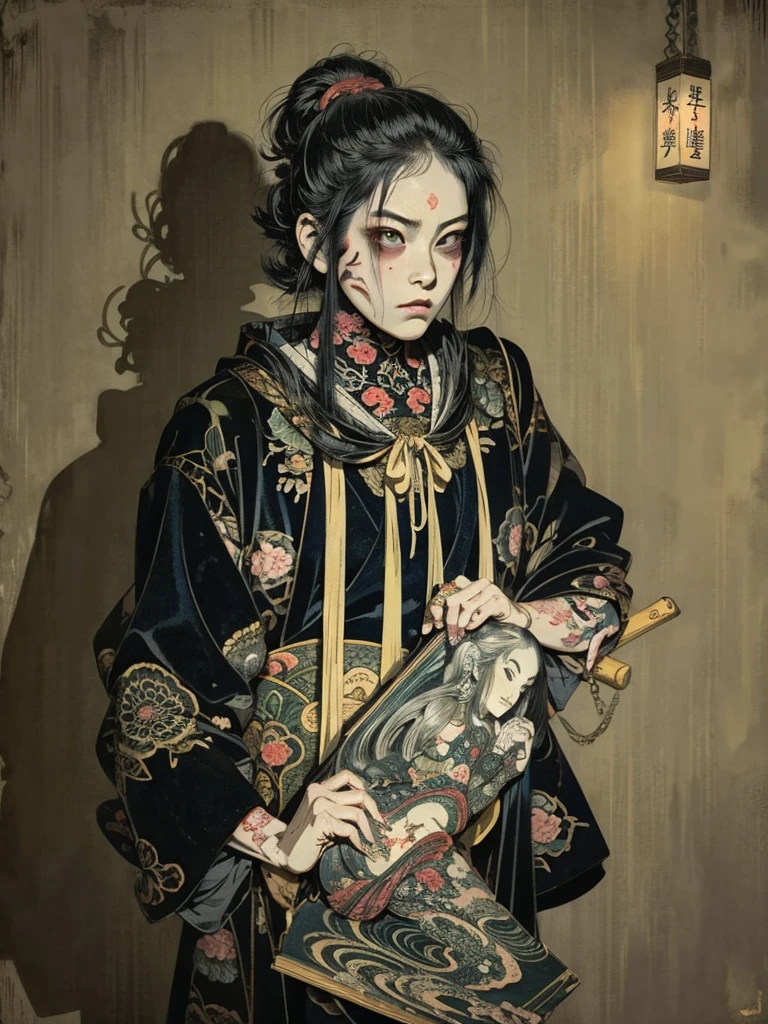 Manga style, (masterpiece), (High resolution), (Very delicate), (Clear), Comic-style illustrations,(Horror elements), Japanese painting illustration, whole body,(Snapshot),Crazy Illustration, antique, Dark atmosphere, Flat illustration, Creepy Appearance, Distinctive hairstyle, Creative accessories, Unique atmosphere、 Best Quality,masterpiece,超High resolution