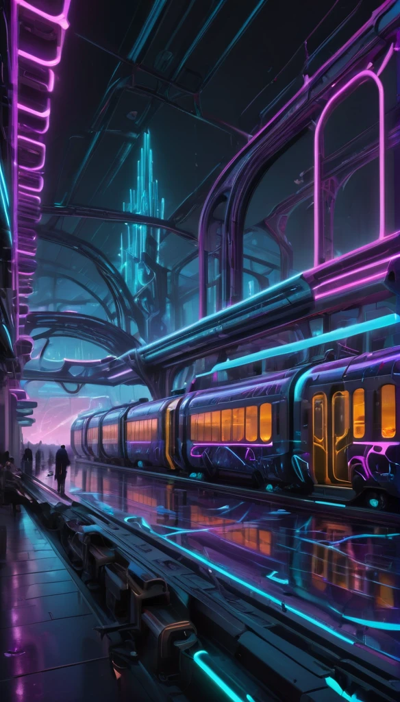 High Resolution, High Quality, Masterpiece. Digital art of a futuristic train station encapsulates cyberpunk aesthetics, featuring grandiose sculptures reminiscent of Louis Tiffany and Dale Chihuly's glasswork, cyberpunk-style trains on spiraling tracks, enveloped in fractal neon glows, smoke swirling around artillery, sparks flying off racks, motherboard-like system units scattered, all rendered in octane perfection, hyper-detailed akin to Pascal Blanche and Rutkowski Repin's artstation hyperrealism, with a cinematic quality matching an