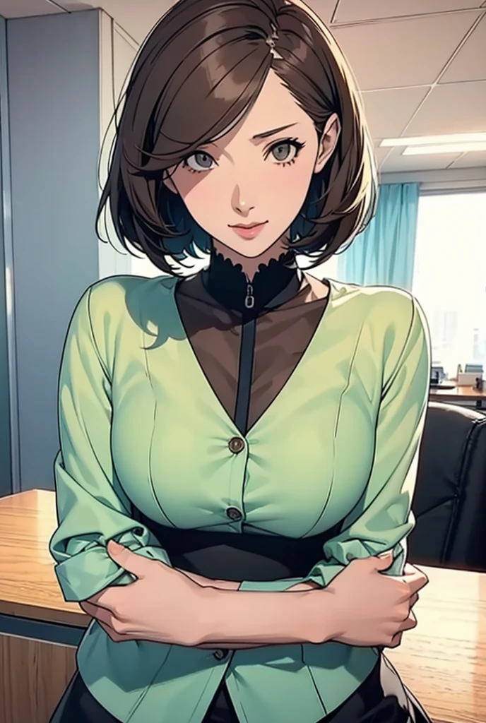 manhwa, sexy office girl,1girl, Bob Cut, Light Brown Hair, Happy, Anime Style, 