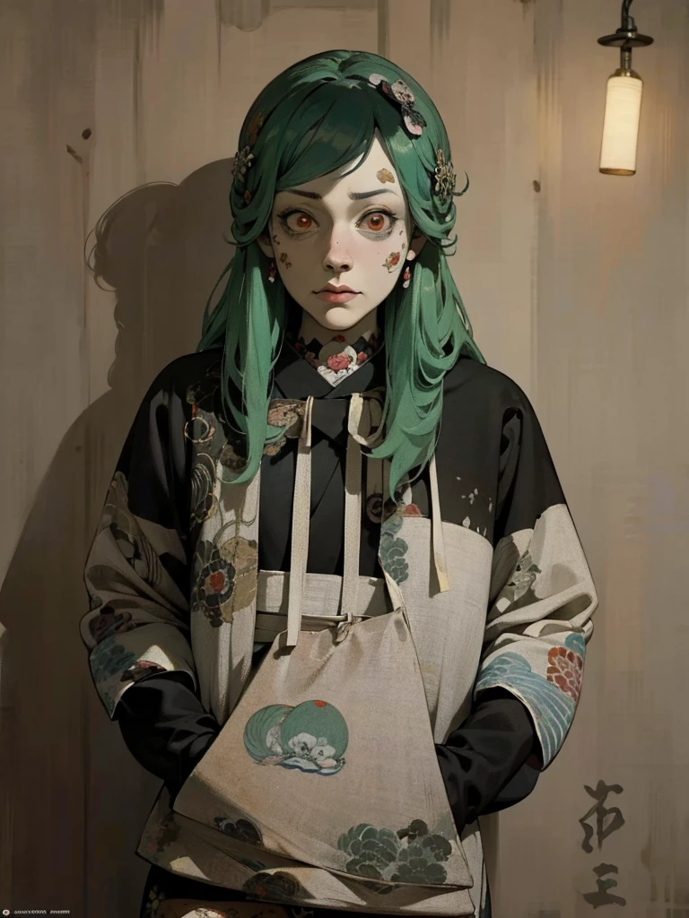 Manga style, (masterpiece), (High resolution), (Very delicate), (Clear), Comic-style illustrations,(Horror elements), Japanese painting illustration, whole body,(Snapshot),Crazy Illustration, antique, Dark atmosphere, Flat illustration, Creepy Appearance, Distinctive hairstyle, Creative accessories, Unique atmosphere、 Best Quality,masterpiece,超High resolution