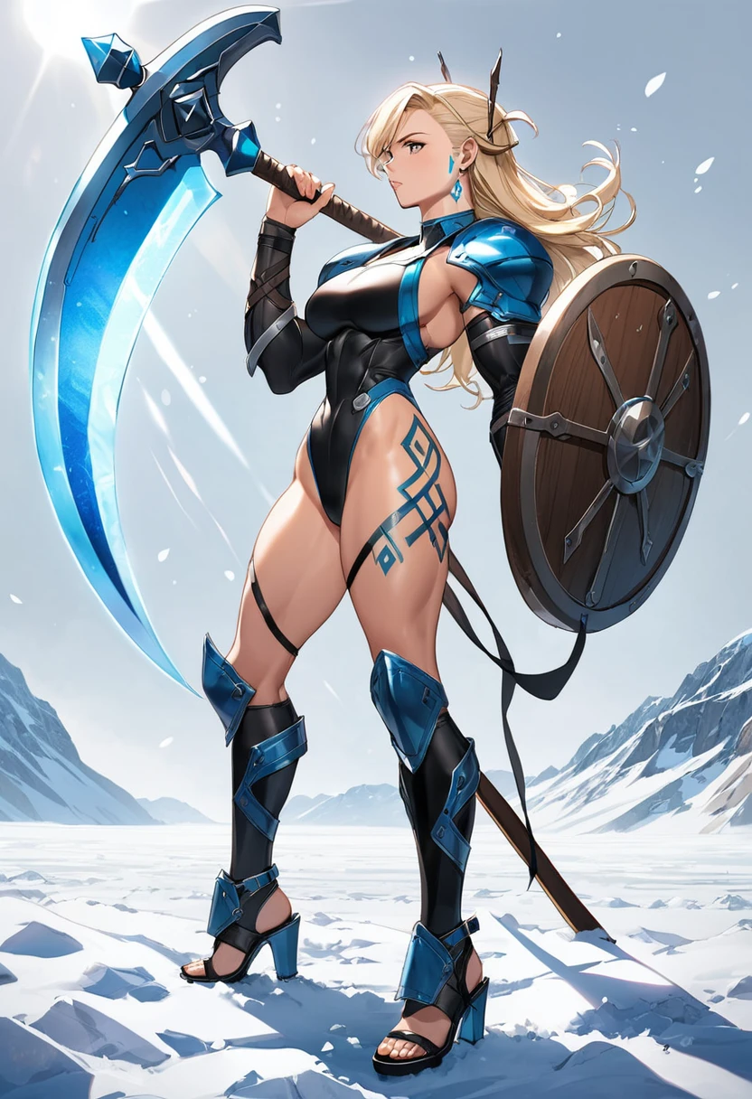 (masterpiece), (Fine hair), Extremely detailed, Anime style, whole body, Solitary, Cyberpunk Viking Girl, Light Blonde Huff Hairstyle, Face tattoo, Holding a Viking axe and a rune sword, Supernatural Snow, Ice protection, White light blue wrestler costume, Savage Armor, White praying mantis fluttering in the wind, Wearing Viking Sandals, Extra large mass, Tall and stylish, Very large. Muscular but feminine body type, White background, Standing full length, Standing on the frosty ground,　