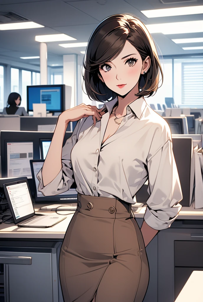 manhwa, sexy office girl,1girl, Bob Cut, Light Brown Hair, Happy, 