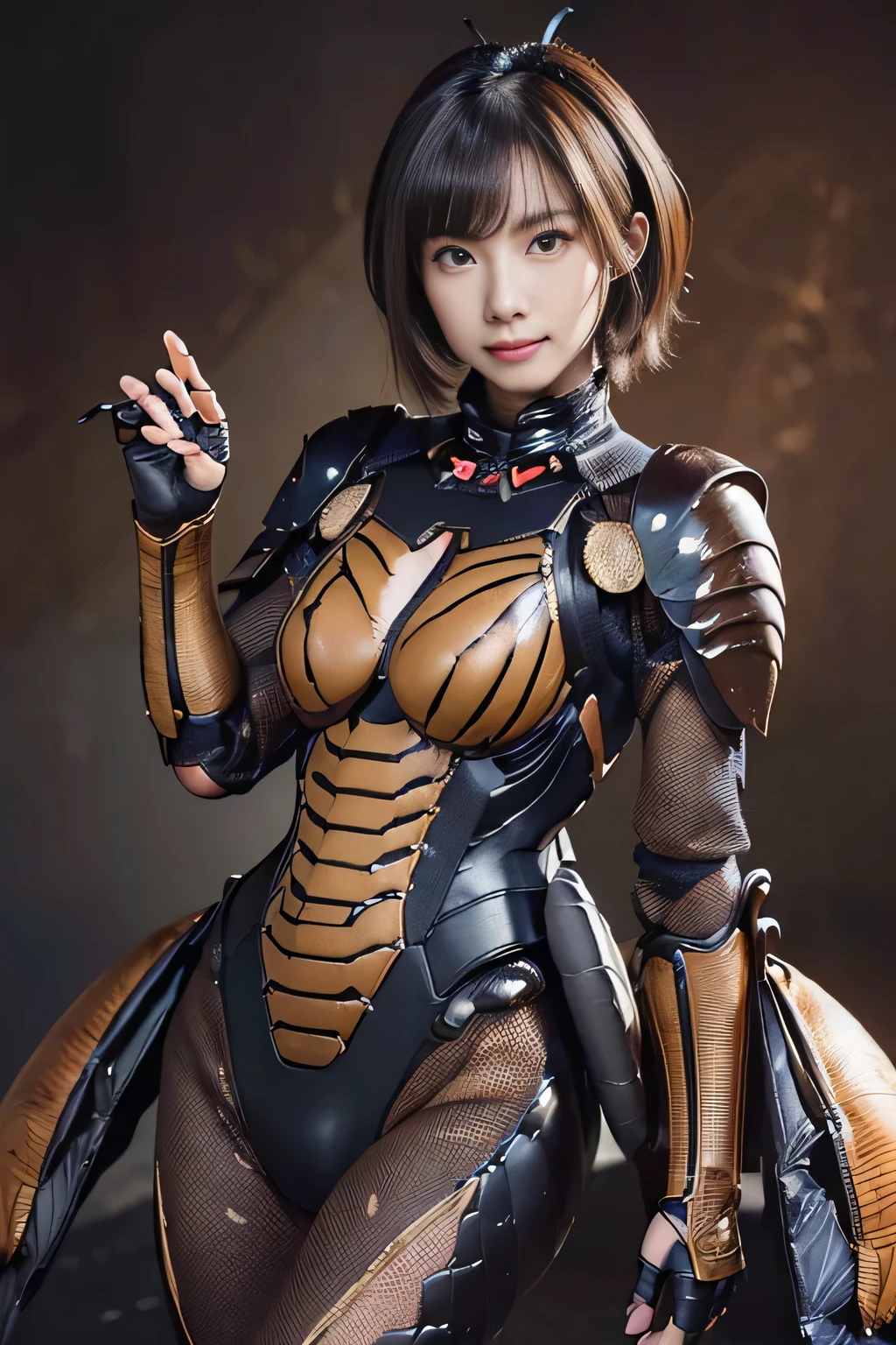 (high resolution,masterpiece,best quality,extremely detailed CG, anime, official art:1.4), realistic, photo, amazing fine details, all intricate, gloss and shiny,awesome many layers, 8k wall paper, 3d, sketch, kawaii, illustration,( solo:1.4), perfect female proportion,villainess, (fusion of dark brown cockroach and lady:1.4), (brown cockroach form lady:1.2), (brown cockroach lady:1.2), (fusion:1.2), (solo:1.4), (evil smile:1.2), muscular, abs, (cockroach brown exoskeleton bio insect suit:1.4), (cockroach brown exoskeleton bio insect armor:1.2), (brown transparency cockroach wing:1.4), (brown cockroach antennae:1.3),