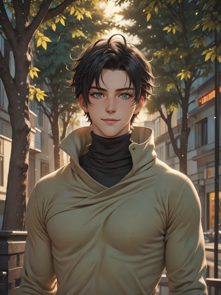 (best quality), 1boy, pale skin, black hair, medium hair, curtain hair, tousled hair, green eyes, perfect eyes, dark circles under eyes, handsome, light smile, attractive, turtleneck sweater, masterpiece, anatomically correct, highres
