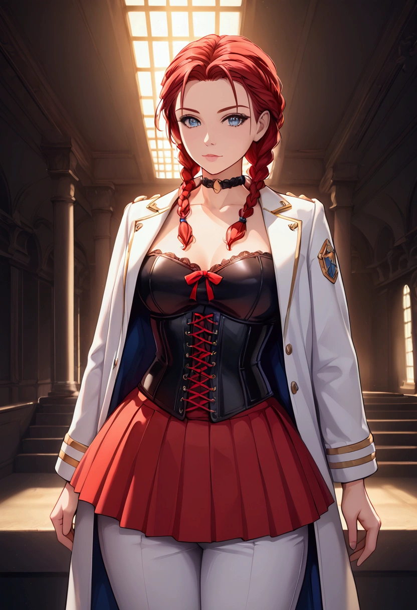 1 girl, portrait of beautiful lobapex, athletic, White jacket, corset, Skirt, pants, black fur, Red hair, braids, make up, choker, neckline, Wide hips, volumetric lighting, Best Quality, masterpiece, intricate details, tone mapping, sharp focus, hyper detailed, trend in artstation, realist  