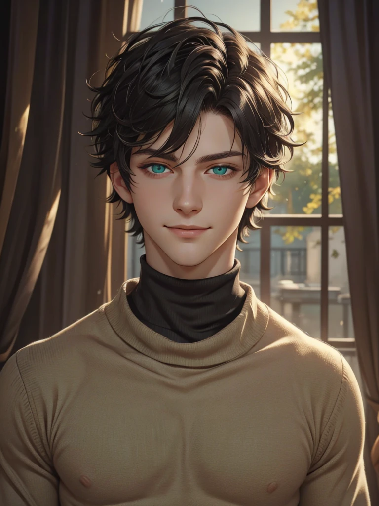 (best quality), 1boy, pale skin, black hair, medium hair, curtain hair, tousled hair, green eyes, perfect eyes, dark circles under eyes, handsome, light smile, attractive, turtleneck sweater, masterpiece, anatomically correct, highres
