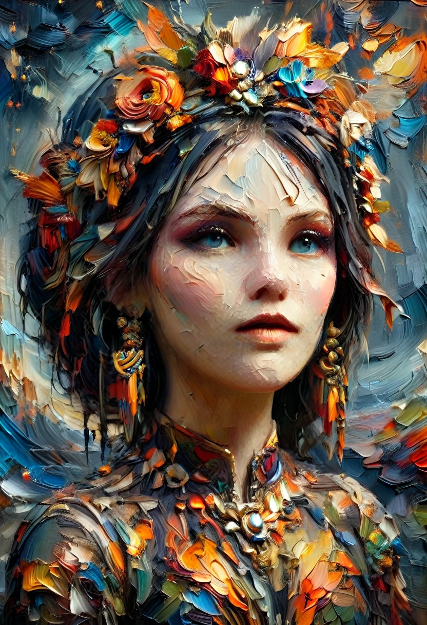 A captivating digital painting depicts a surreal, otherworldly figure in an ethereal and mysterious setting. The central character, positioned slightly to the left of center, has a pale, almost white face with striking features, including sharp, almond-shaped eyes with red and blue makeup, thin lips, and subtle yellow markings on the forehead. The figure's expression is neutral yet enigmatic, gazing directly at the viewer. She wears an elaborate headdress composed of intricate elements such as flowers, branches, and organic matter in shades of amber yellow, burnt orange, olive green, and brown, which appear to be growing outwards from her head. Her long black hair is framed by this elaborate headdress, with thin, black tendrils hanging down both sides of her face. The figure is dressed in a dark, ornate robe adorned with intricate patterns, swirling designs, and decorative elements like circular motifs, small metallic studs, and a central circular brooch. The fabric appears worn and tattered, adding to the mysterious and somber mood. The robe features a high collar and wide sleeves, with elaborate embroidery in muted earth tones of olive green, burnt orange, charcoal gray, and hints of turquoise. A prominent circular ornament adorns the center of the chest. The character's hands are loosely clasped together in front of her, revealing pale, almost white skin with subtle veins and fine lines. A small ring is visible on one finger. The background is a vibrant and textured blend of burnt orange, teal, dark brown, and black, with abstract patterns resembling a fiery landscape or cosmic scene. Swirling colors of burnt orange, deep reds, sky blues, and greens blend together, creating a dynamic and enigmatic atmosphere. The lighting is soft and diffused, highlighting the character's features and the textures of her attire while casting gentle shadows. The overall style is fantastical and surreal, with high contrast, vivid saturation, and warm hues dominating the color palet