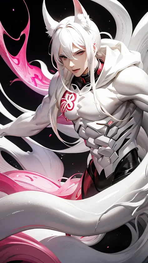 anime guy with white hair and pink eyes in a white hoodie, a character portrait, shock art, by takeuchi seihō, fit male demon wi...