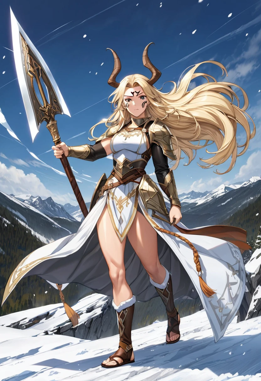 (masterpiece), (Fine hair), Extremely detailed, Anime style, whole body, Solitary, Viking Girl, Light Blonde Huff Hairstyle, Face tattoo, Holding a Viking axe and a rune sword, Supernatural Snow, Ice protection, White light blue wrestler costume, Savage Armor, White praying mantis fluttering in the wind, Wearing Viking Sandals, Extra large mass, Tall and stylish, Very large. Muscular but feminine body type, Medieval background,，Standing full length,