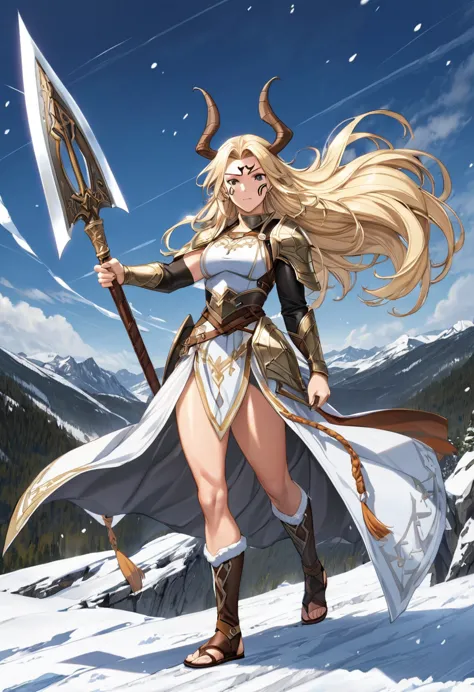 (masterpiece), (fine hair), extremely detailed, anime style, whole body, solitary, viking girl, light blonde huff hairstyle, fac...