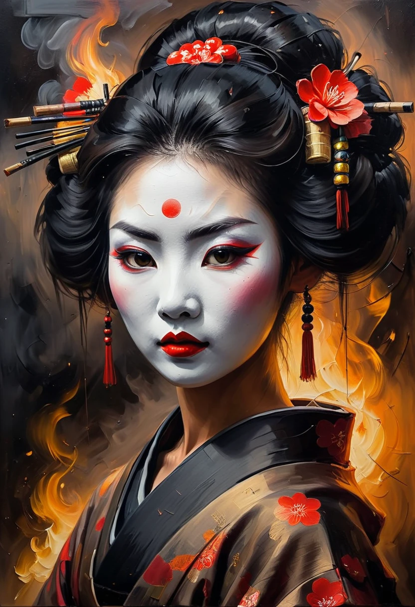 dark canvas dry oil painting, fire and smoke, Geisha subtle creepy with dull eerie face, very realistic, thick brush stroke, tar texture