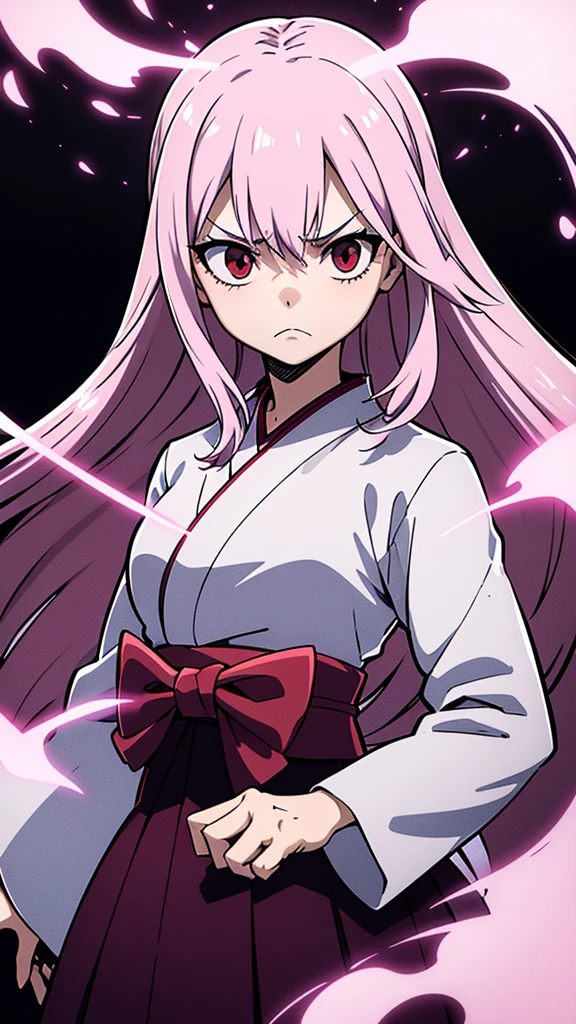 One Girl, White Hakama, Long sleeve, Japanese clothing, kimono, white pink hair, deep red eyes, Tree Eyes,deep eye, Frowning, battle pose, Shadowy,Serious face, My whole body is covered in wounds, Blood,night,Seriousness, right eye hide hair, warrior