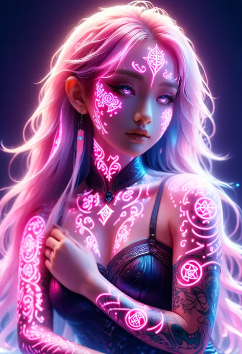 artistic anime illustration of a woman adorned with glowing neon magic tattoos all over her body and face。 the tattoos on his ar...