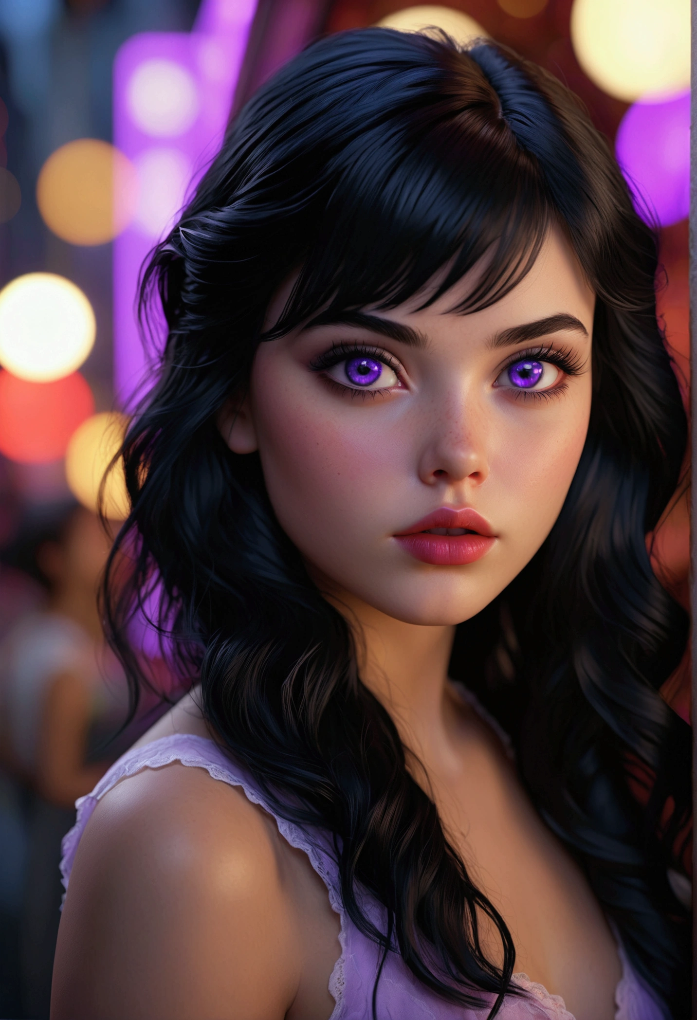 ((Ultra realistic)) 1 young girl 1, jet black hair, bright purple eyes, low light, dark, full, thick, reddish lips, blushing cheeks, artistic masterpiece, (fog: 0.6), cinema photography, 35mm photography, film, RAW photo, detailed photo, beautiful, shallow depth of field, bokeh, (surreal: 0.4), hyper detailed, photorealistic, realistic, accurate, proportional, 8k sharp focus, (accurate cinematic lighting), photorealistic detail, (selective focus: 0.6)