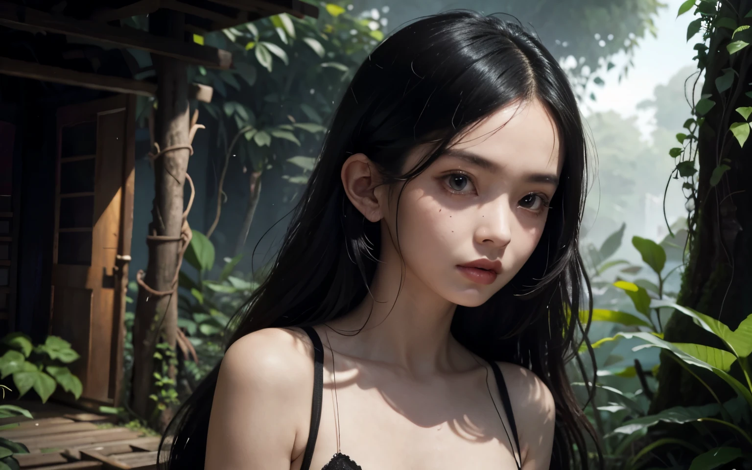 (Stunning Beautiful Android girl, she is average build, very fair skin with long blackhair, she looks worried but she is strong-willed), (very small breasts), very petite, in the style of Steven stahlberg, illustration, [the night is dark, the stars provide th eonly source of light), very dark sky, it is darkout, (in the background you see she's in the ruins of a utopia reclaimedby the jungle), unique detailed environment, there are wild animals roaming freely, (8k, ultra realistic, masterpiece, top-quality:1.2)