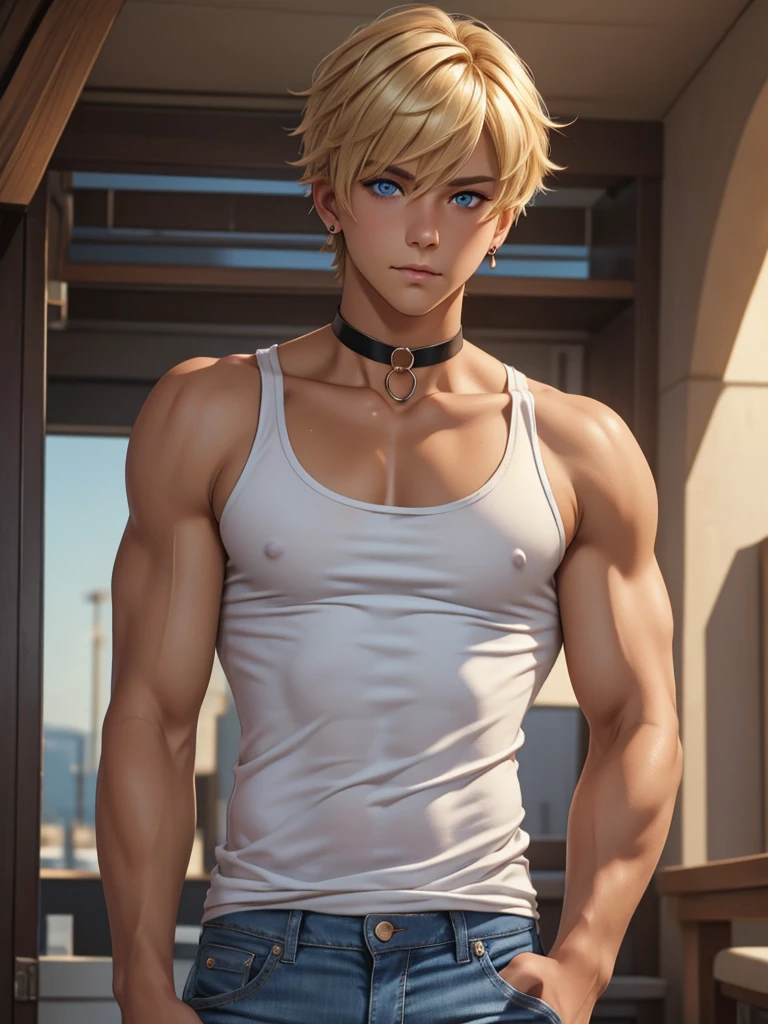 (best quality), 1boy, male, femboy, tanned skin, blonde hair, medium hair, side bangs, beautiful hairstyle, blue eyes, perfect eyes, cute face, choker, tank top, jeans, earrings, pout, skinny body, masterpiece, anatomically correct, highres
