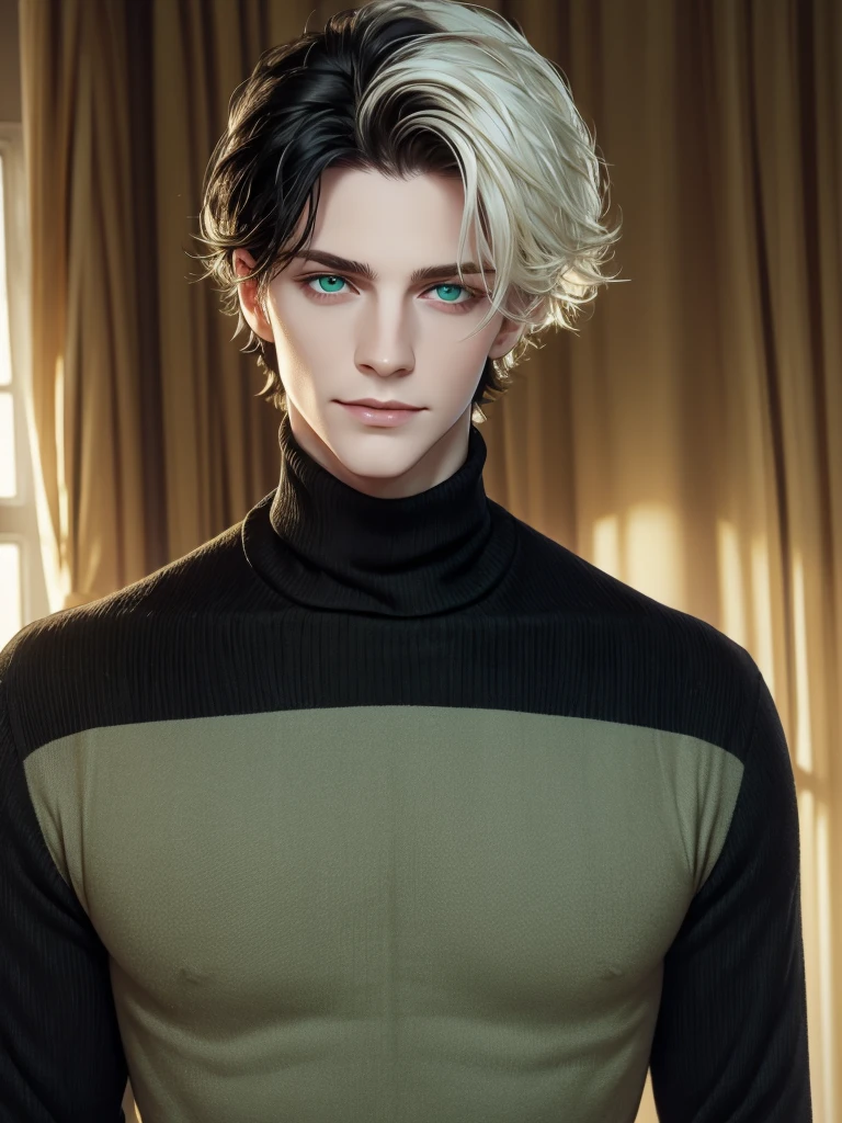 (best quality), 1boy, pale skin, black hair, medium hair, curtain hair, tousled hair, green eyes, perfect eyes, dark circles under eyes, handsome, light smile, attractive, turtleneck sweater, masterpiece, anatomically correct, highres
