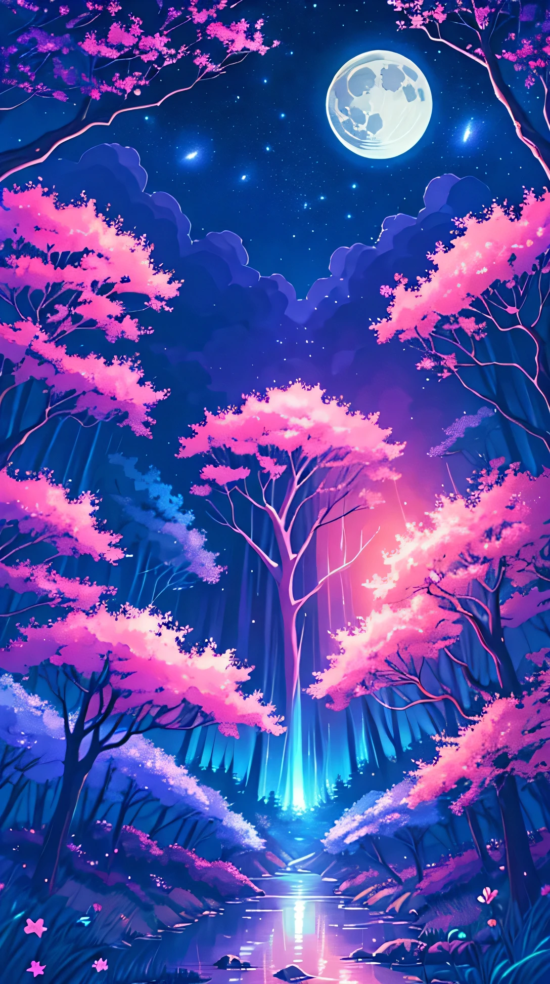 /imagine prompt: Viral anime nature wallpaper in 4K quality, in the style of digital illustration, depicting a magical forest at midnight with glowing flowers, and an ethereal moon casting a soft glow; cool and mystical color temperature, cosmos lighting with stars twinkling in the sky, the atmosphere is enchanting and serene 