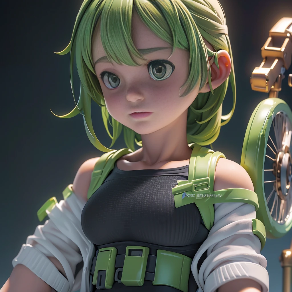 (A beautiful girl soldier, her physical characteristics are a short height of 100 cm, narrow waist, , flat chest, large face, large beautiful green eyes, long light-colored hair) (Her equipment is a white sports bra and small panties, cool black exoskeleton armor with gold decorations, collar, sharp headgear, nipples that stand out from the clothes, not see-through, mechanical gloves) NSFW, WBDSM, (highest quality, ultra-high resolution, ultra-high definition, historical masterpiece, high-definition CG illustration: 1.2) Realistic, real human-like CG illustration (camera angle is slightly overhead depiction, shot from various angles) Dynamic pose, effective use of LoRA, more powerful action pose, dynamic, twisting of the body,