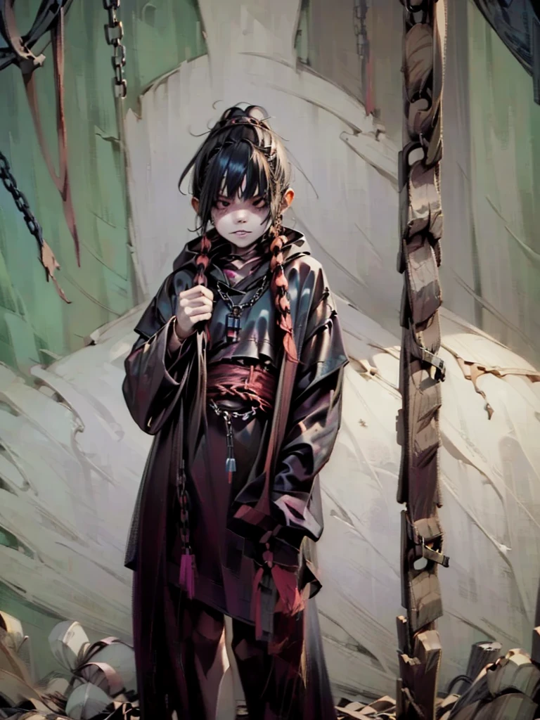 ((Background made up of chains and flowers))、 Horror elements, (masterpiece), (High resolution), (Very delicate), (Clear), Manga style illustration,Japanese painting, (spooky), Crazy Illustration, Flat illustration, spooky外観, (Mr..々Color Hair Styles), Unique atmosphere、Small eyes、（Flat Chest）, ((Muddy hair)),Chains wrapped around the body、((spookyタトゥー))、Holding a balloon,Skin full of stitches,restrained by thick chains、（Colorful clown costumes）、Bold Pose、Sexy Costumes、dress
