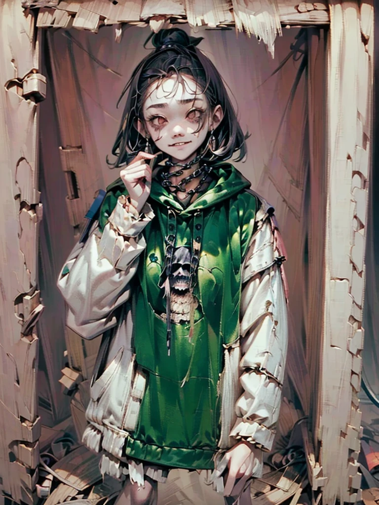 ((Background made up of chains and flowers))、 Horror elements, (masterpiece), (High resolution), (Very delicate), (Clear), Manga style illustration,Japanese painting, (spooky), Crazy Illustration, Flat illustration, spooky外観, (Mr..々Color Hair Styles), Unique atmosphere、Small eyes、（Flat Chest）, ((Muddy hair)),Chains wrapped around the body、((spookyタトゥー))、Holding a balloon,Skin full of stitches,restrained by thick chains、（Colorful clown costumes）、Bold Pose、Sexy Costumes、dress
